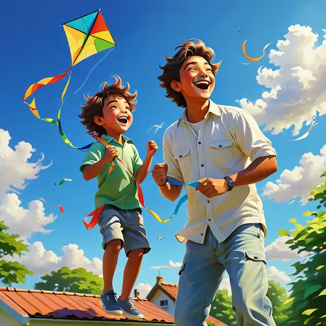 a father and young son,flying a kite,standing on the roof of their house,beautiful sunny day,green garden below,gentle breeze,jo...