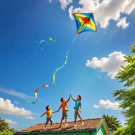 a father and young son,flying a kite,standing on the roof of their house,beautiful sunny day,green garden below,gentle breeze,jo...