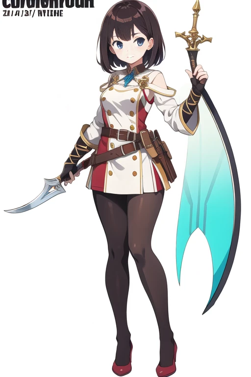 (stand posture), cute eyes, adult woman,, solo, high fantasy outfits, ((white background)), (full body), holding weapon, belt, character design, pantyhose,
