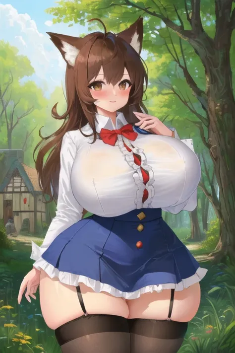 masterpiece, best quality, 1girl, forest, brown hair, long hair, fox ears, brown eyes, cute, blushing, (medieval villager clothes, medieval buttoned dress shirt, medieval frilled skirt, medieval stockings:1.4), (slim waist, curvy, gigantic breasts, burstin...