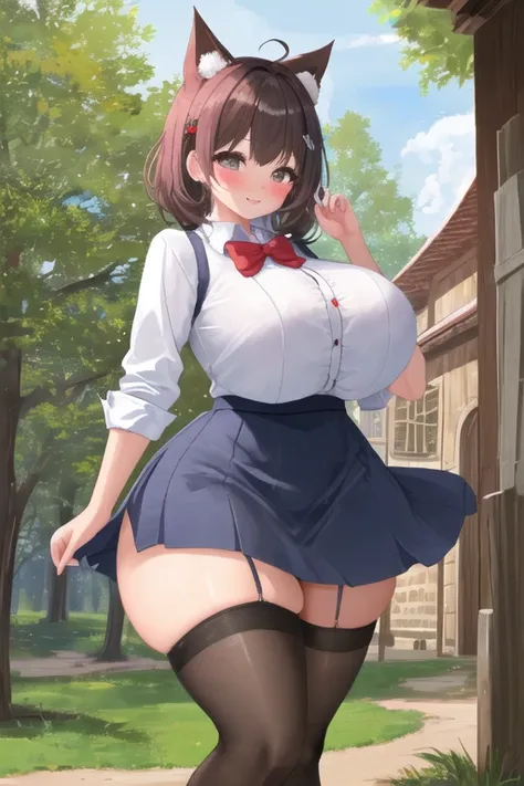 masterpiece, best quality, 1girl, forest, brown hair, long hair, fox ears, brown eyes, cute, blushing, (medieval villager clothes, medieval buttoned dress shirt, medieval frilled skirt, medieval stockings:1.4), (slim waist, curvy, gigantic breasts, burstin...