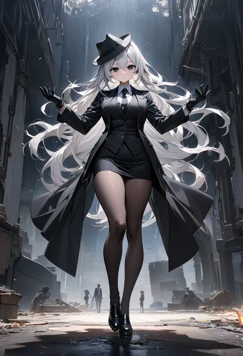 Masterpiece, Improved quality, High quality, Good anatomy, Well-formed hands, Healthy body, Intact fingers, Normal digits, 4k quality image, girl, handsome girl, perfect girl, full body, perfect girl, white hair, mini black skirt, black shirt, black tie, b...