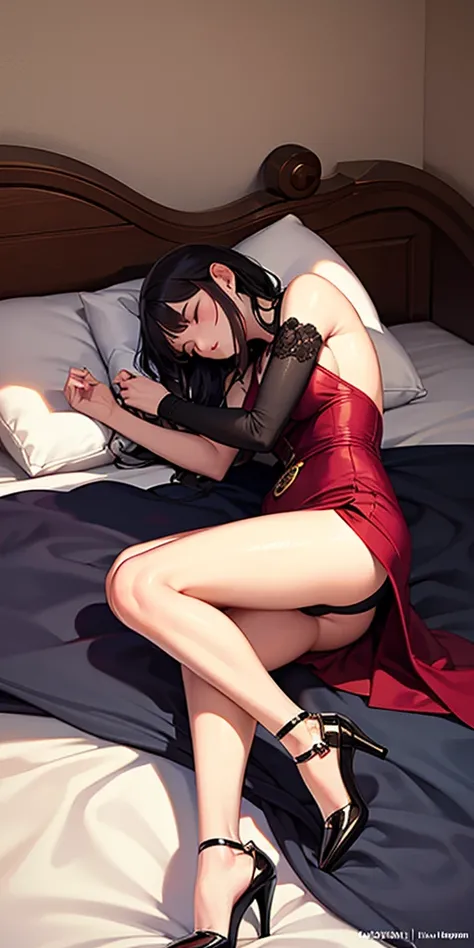 Full body, fetal position, sleeping on bed in the bedroom, high heels, ((Stunning Artwork)), dnd style female slaves