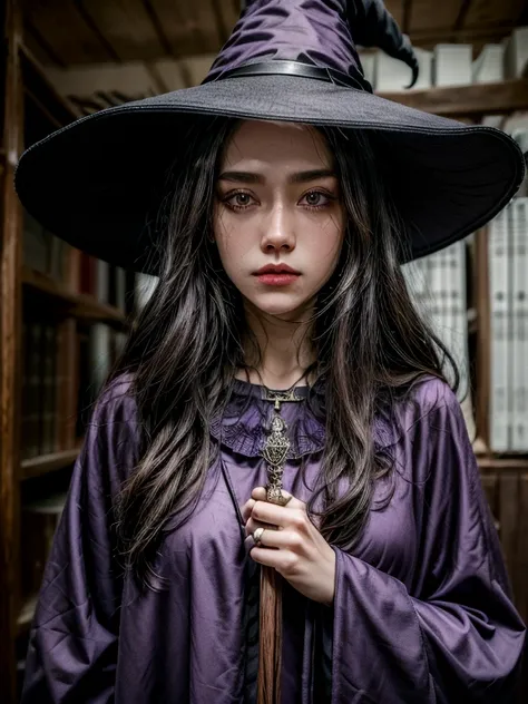 "((top-quality)), ((tmasterpiece)), (detaileds: 1.4),Black wizard,realistic clothes,witch hat,purple clothes witch,witchcraft,beautiful women, 