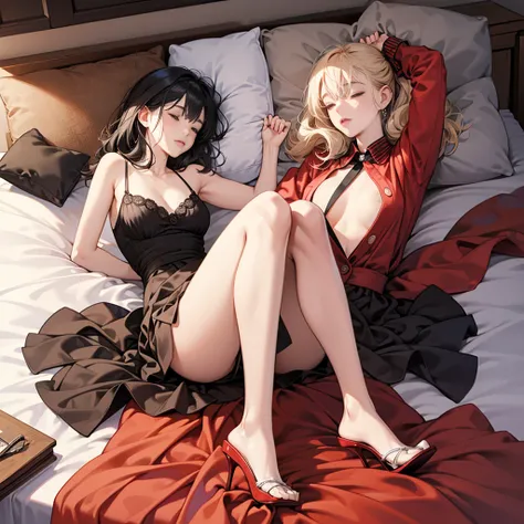 Full body, fetal position, sleeping on bed at the bedroom, 2 high heels, ((Stunning Artwork)), female 2 long legs, 2 arms, clenching fist