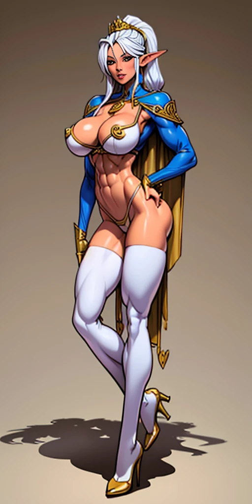 extremely long hair , ponytail, perfect anatomy 1 girl tall solo, slim thick, ((muscular)) high elf toned body, silver breast plate, blue cape, slendered abs, hourglass waist, detailed face, defined cheekbones, puffy lips, gauntlets, gold crown, shadow ove...