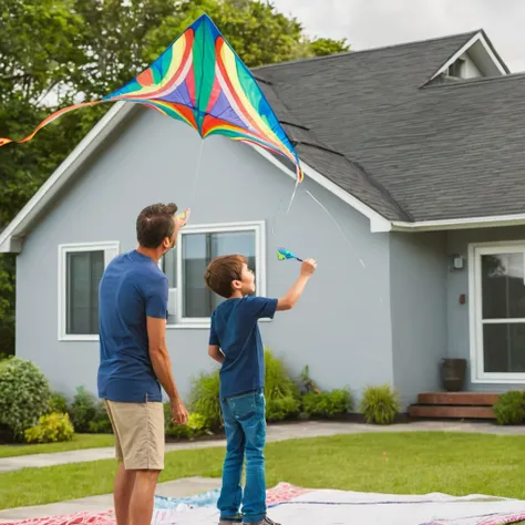 A father and young son (age 8) flying a kite while standing on the roof of their house