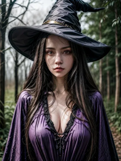 "((top-quality)), ((tmasterpiece)), (detaileds: 1.4),Black wizard,realistic clothes,witch hat,purple clothes witch,witchcraft,beautiful women, bosom