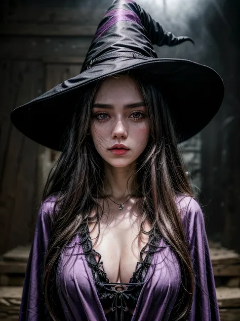 "((top-quality)), ((tmasterpiece)), (detaileds: 1.4),Black wizard,realistic clothes,witch hat,purple clothes witch,witchcraft,beautiful women, bosom