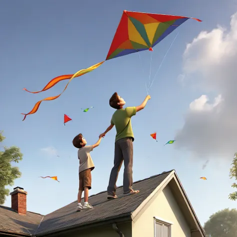 A father and young son (age 8) flying a kite while standing on the roof of their house