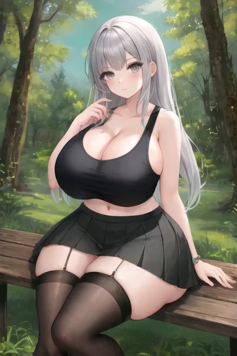 masterpiece, best quality, 1girl, white hair, long hair, grey eyes, skirt, tank top, thigh highs, bottomheavy, topheavy, big breasts, bursting breasts, underboob, cleavage, huge thighs, sitting, forest