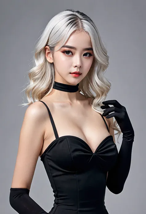 Masterpiece, Improved quality, High quality, Good anatomy, Well-formed hands, Healthy body, Intact fingers, Normal digits, 4k quality image, girl, handsome girl, perfect girl, full body, perfect girl, white hair, black Bandeau Dress: 1.1, 
 black gloves, e...