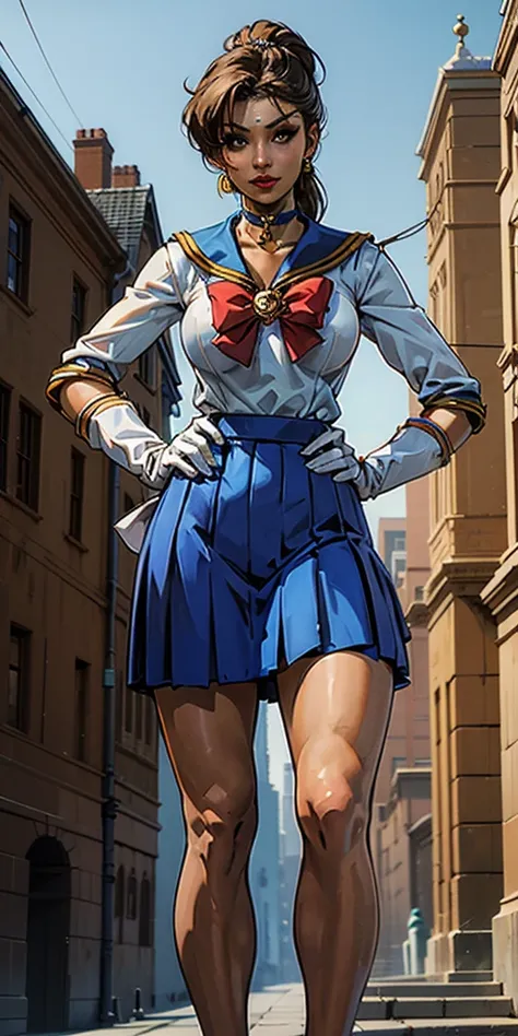 best quality, (masterpiece:1.2), highly detailed, standing, outdoors, building, school, FEMALE hand on hips 1girl, solo, standing, looking at the viewer, smile, sign to viewer brown hair, ponytail, brown eyes, scrunchie, (sailor senshi uniform), circlet, j...