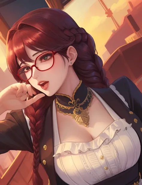 (high quality, 8K, 4k, high contrast, masterpiece:1.2, 最high quality, best aesthetics), (dynamic angle), ((1 female)), erotic, sexy, mature body, JK, , Braid, Glasses, Sexy lips, excited, Chairman, dress, open your mouth.