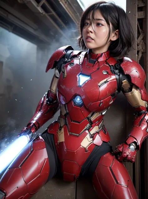  Very detailed, Advanced Details, high quality, 最high quality, High resolution, 1080p, hard disk, beautiful,(sweaty face,She&#39;s wearing a heavily damaged mech,full body shot　Wearing a bright red Iron Man suit　Short Hair　Black Hair　Kindergarten girl　Spre...