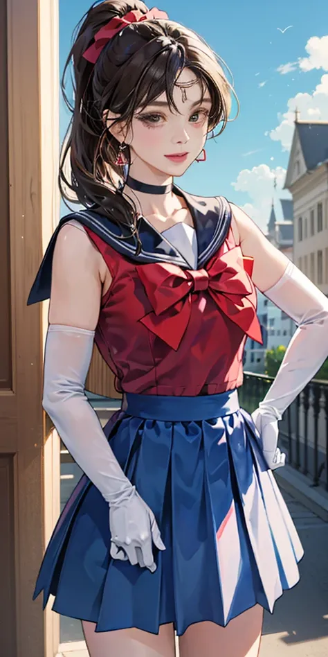 best quality, (masterpiece:1.2), highly detailed, standing, outdoors, building, school, FEMALE hand on hips 1girl, solo, standing, looking at the viewer, smile, sign to viewer brown hair, ponytail, brown eyes, scrunchie, (sailor senshi uniform), circlet, j...