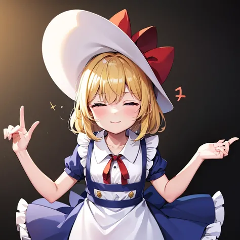 masterpiece, best quality, 1 girl, , , 12 years old, white hat, red ribbon, middle blonde hair, golden eyes, short puffy sleeves, white clothes, white apron, blue skirt, blue ruffles, collarbone, gentle smile, Kana Anaberal, Poltergeist, pinafore, from beh...