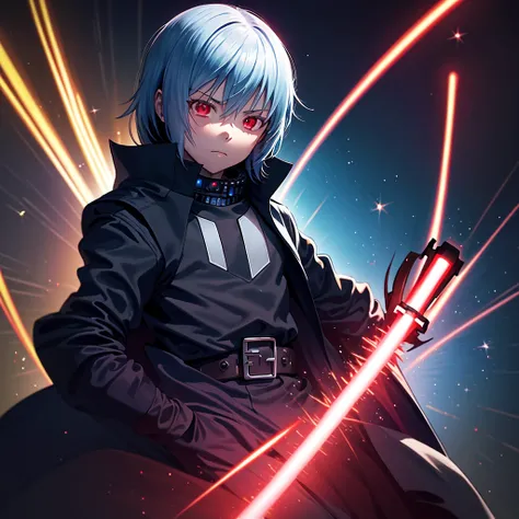 A 12-year-old boy with red eyes stands alone in the vastness of space. He is dressed as a Sith from Star Wars, wielding a red lightsaber. The portrait is ultra-detailed, with a sharp focus on the boys intensity and determination. The colors in the image ar...