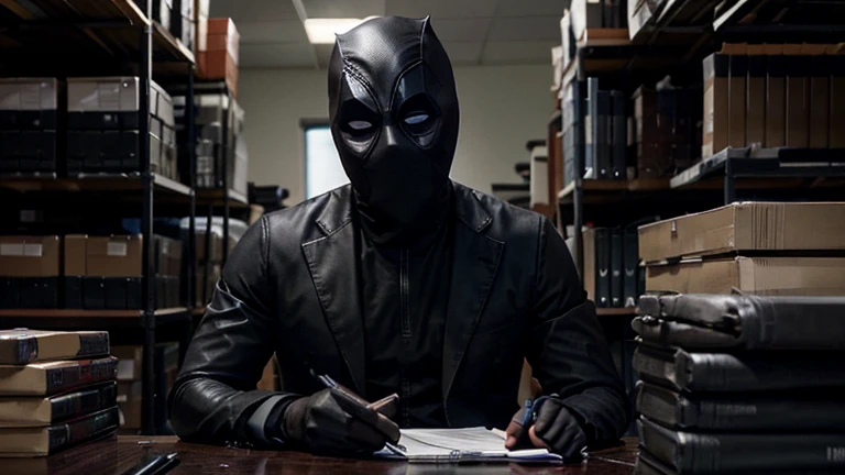 Generate an image of a man wearing a black mask similar to Deadpools mask, dressed in a black suit. He is situated in an office environment surrounded by stacks of papers. The scene conveys a sense of mystery and intrigue, with the masked man immersed in a...