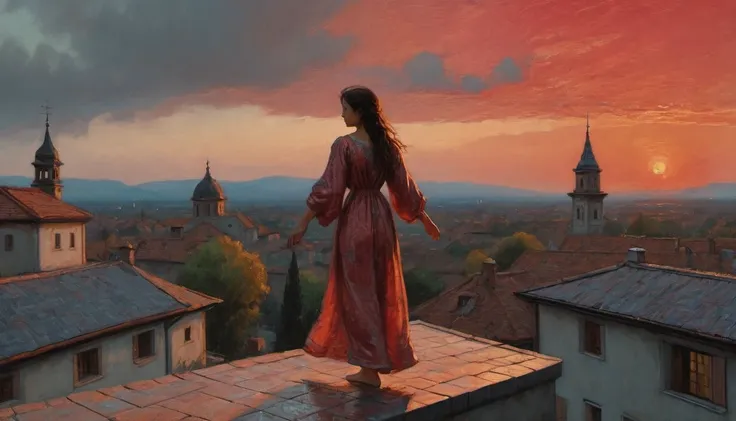 ((top view)): a sleepwalking girl in a nightgown, walking along the curb of the roof of a house, balancing with her arms outstretched, night, a crimson sunset on the horizon, ((created in the style of Albrecht Altdorfer)), Renaissance, dot drawing, ((knife...