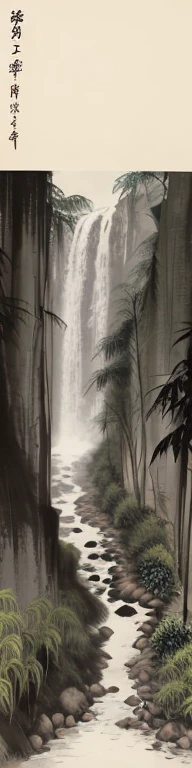 shukezouma, Negative Space, , Shui Movissim , bamboo forest,waterfall, Nightclub,Chinese traditional color painting, 