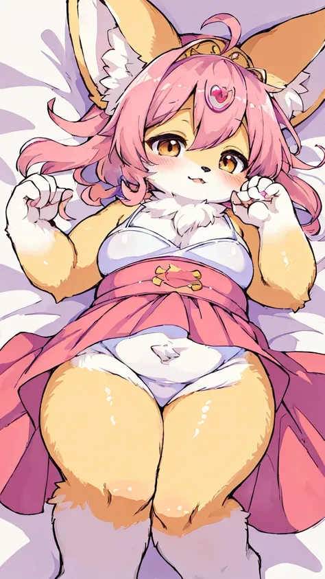 Furry, furry kemono, female fox furry, cute, big ear, chubby, cute little baby, pink and coloured hair, fluffy gold and pink coloured tail, maid dress, laying on bed leisurely, luxury, a luxurious tiara, in a kingdom, (((masterpiece))), (((best quality: 1,...