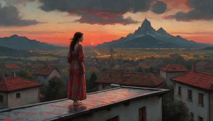 ((top view, front): a sleepwalking girl in a thin nightgown, walking on the roof of a house, balancing horizontally with her arms apart, night, a dark crimson sunset on the horizon, ((created in the style of Albrecht Altdorfer)), Renaissance, dot drawing, ...