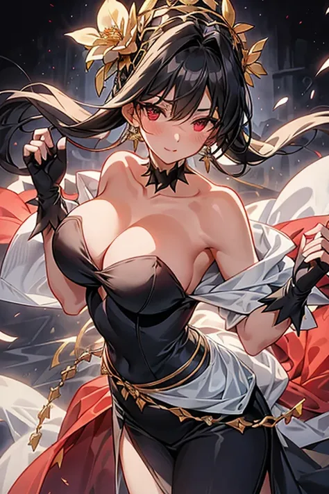 yor briar, anime style beutiful woman, 1girl, happy, sexy pause,(with sparkling eyes and a contagious smile:0.9),red face, closed mouth, beautiful detailed eyes, super detailed skin, backlighting, bare shoulders, black background, black dress, black gloves...