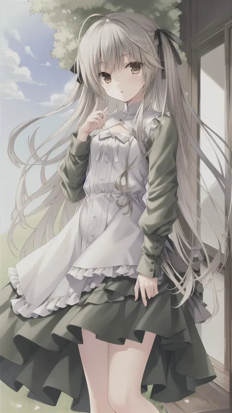 ((masterpiece:1.4, best quality)) ,Kasugano Sora,1 Cute girl,Brown eyes,Happy,eternal，Black knee-high socks Jane Shoes，spring，Green coat，Energetic and mischievous