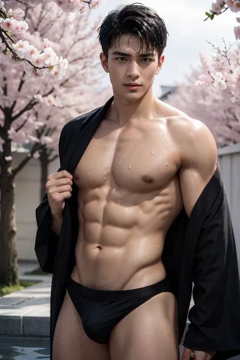 (Reality: 1.2, top quality, 8k, wet: 1.3), (man, Put your hands on your chest), 20-year-old Ukrainian blonde bodybuilder, actor, Cherry blossom pattern yukata, Black lingerie, (Sweat: 1.2, wet: 1.2), Delicate skin, (Movie Lighting, chest hair, Arm hair), S...