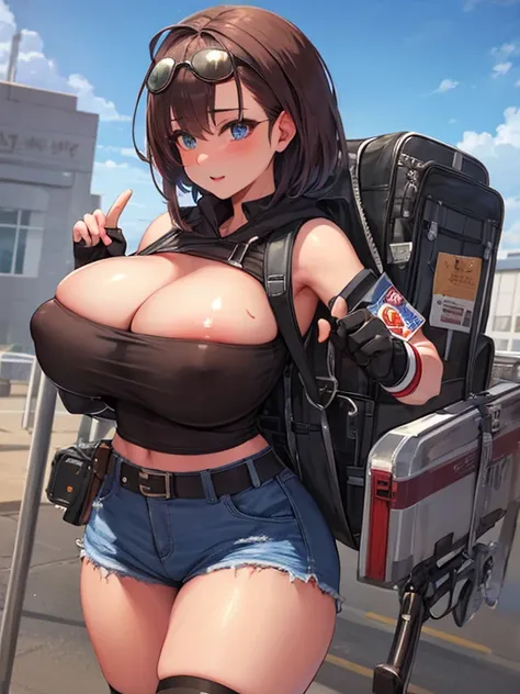 solo 1girls thick figure thick thighs size huge breast hard nipple size fat ass blue eyes tan skin short dark brown messy hair wear fingerless gloves wear short crop top hoodie wear short crop jean ripped wear holster wear black stocking tight outfit holdi...