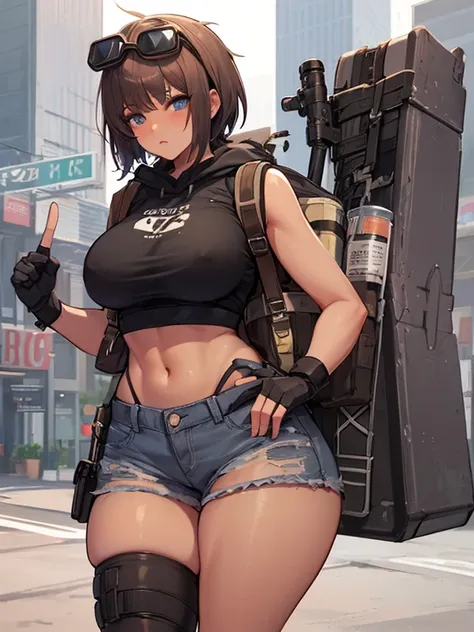 solo 1girls thick figure thick thighs size huge breast hard nipple size fat ass blue eyes tan skin short dark brown messy hair wear fingerless gloves wear short crop top hoodie wear short crop jean ripped wear holster wear black stocking tight outfit holdi...