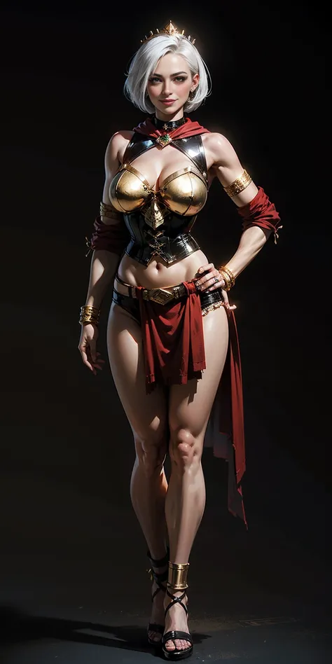 ((BLACK BACKGROUND)) female full body standing straight symmetrical with two long thighs and two metal sandals, red eyes like rubies, looking to the viewer, silver white hair, short bob style hair, big knockers breastplate, breastplate, cleavage, tiara roy...