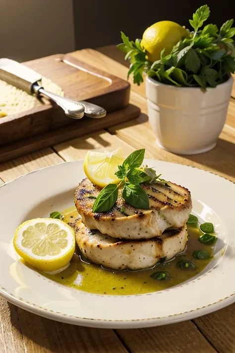 "Lemon and herb chicken: una cena saludable llena de sabor. Estilo: Vibrante y apetitoso, camera: DSLR, lente: Prime, technique: Soft lighting."