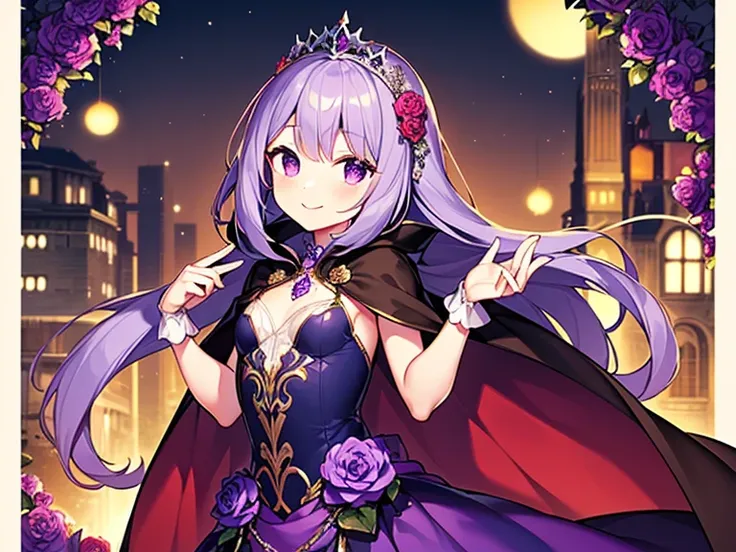 (kawaii),(best quality),(ultra detailed), upper body,(rococo style),(long train dark violet cape:1.15), very long cape,(long train dark violet ball gown with flower decorations), a girl is wearing a cape over her gown, 1 little princess, tiara, smile, smal...