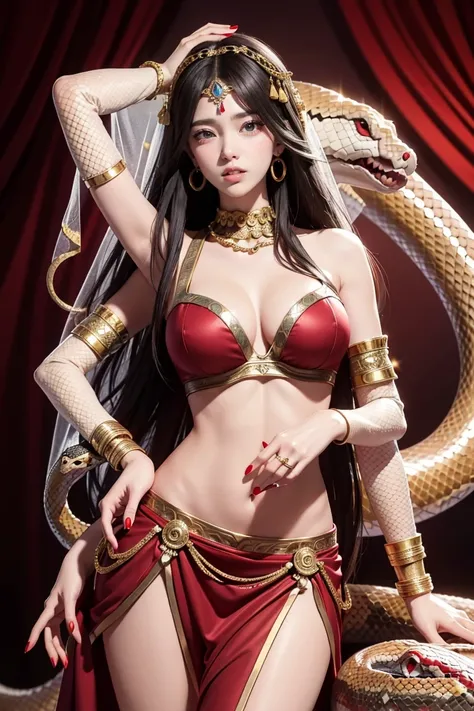 milf, mature female, ((dark skin:1.2)), red eyes, (red lips), smile , parted lips, (long black hair), (straight hair), parted bangs, long side locks, earrings, belly piercing, red scales, (snake tail:1.3) , Ultra-realistic snake scales, Large breasts, narr...