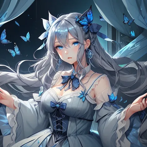 Gray Hair，Long Hair，Earrings，Blue Eyes，Blue Butterfly，ribbon，dress，Fantasy，Lots of butterflies