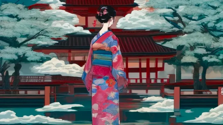 A painting of a woman in a kimono standing on a boat, The art of Japan style, inspired by Utagawa Hiroshige II, In the Ukiyo-e art style, inspired by Koson Ohara, The art of Japan art, Ukiyo-e style, Ukiyo-e style, The art of Japan, feudal japan art, The a...