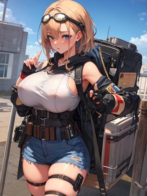 solo 1girls thick figure thick thighs size huge breast hard nipple size fat ass blue eyes tan skin short blonde messy hair wear fingerless gloves wear short crop top hoodie wear short crop jean ripped wear holster wear black stocking tight outfit holding a...