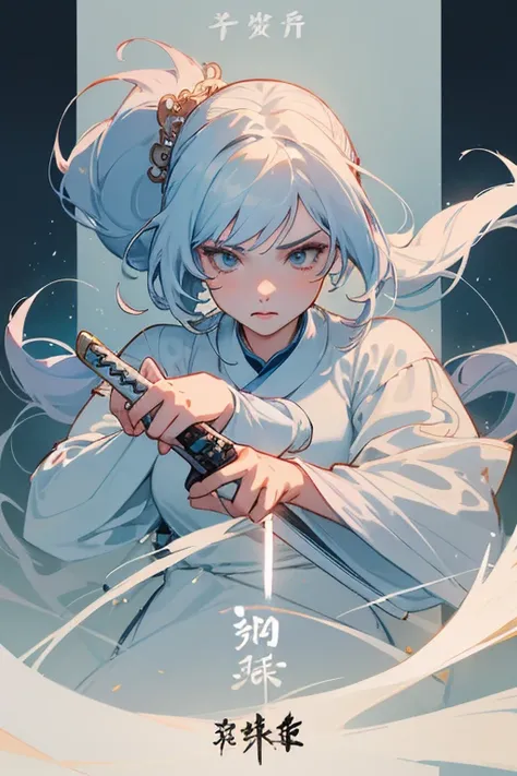 Close-up of a woman with a sword in a white dress, Ian Jay character portrait, trending cgsociety, fantasy art, beautiful drawing of the characters, artwork in the style of Gouvez, Gouvez, White Hanfu, flowing white clothes, whole body wuxia, epic exquisit...