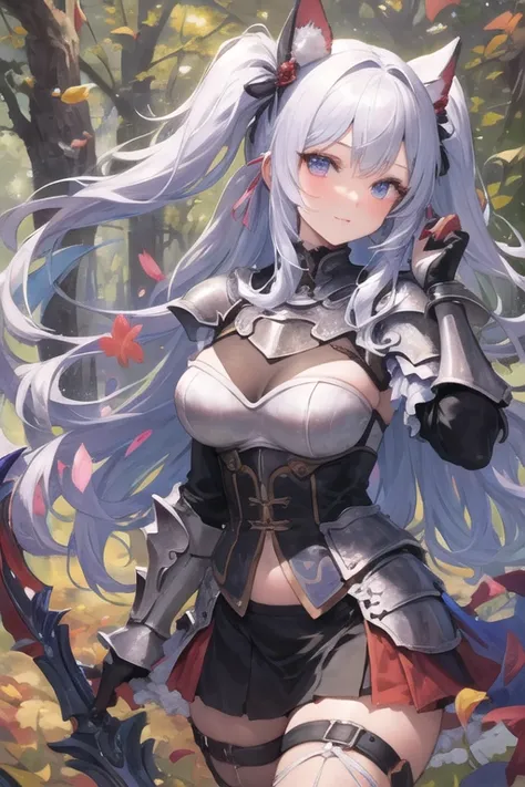 masterpiece, best quality, 1girl, light purple hair, long hair, twintails, bright purple eyes, cute, (black and silver knight armor, skirt, stockings:1.3), forest, (curvy, slim waist, thick thighs, wide hips:1.1)