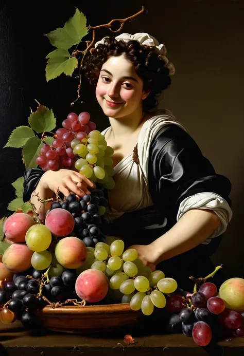 fruits,Grapes,Rosa,antique,A smile,,Sweet and seductive appearance.、Caravaggios paintings、Chiaroscuro of Caravaggio,,Cute smile, Expression of ecstasy,erotick,A sexy