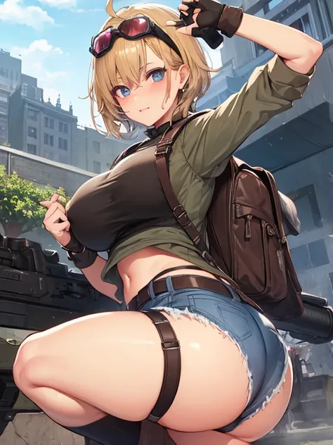 solo 1girls thick figure thick thighs size huge breast hard nipple size fat ass blue eyes tan skin short blonde messy hair wear fingerless gloves wear short crop top hoodie wear short crop jean ripped wear holster wear black stocking tight outfit holding a...