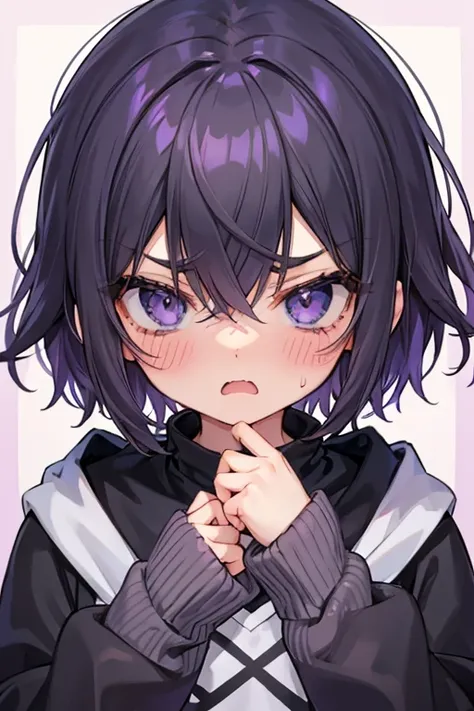 1boy yelling, short lilac-black hair with a longer lock, lilac eyes, sweatshirt dress, blush face and angry expression