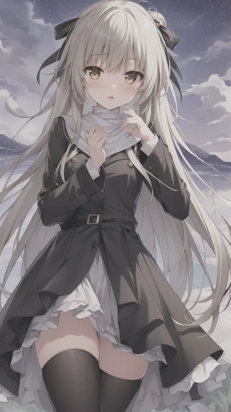 ((masterpiece:1.4, best quality)) ,Kasugano Sora,Naughty and energetic girl,Brown eyes,Happy,Long straight hair，Black knee-high socks Jane Shoes，summer，night，The galaxy is vast，Looking at the stars，black scarf，Black coat