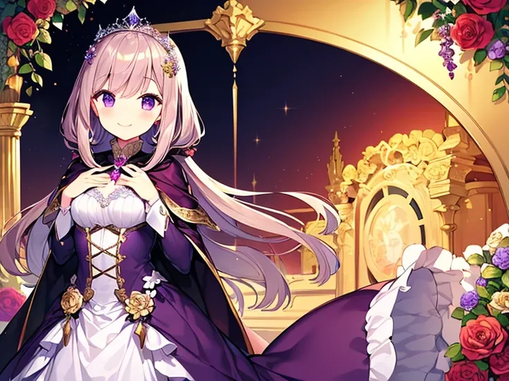 (kawaii),(best quality),(ultra detailed), upper body,(rococo style),(long train dark violet cape:1.15), very long cape,(long train dark violet ball gown with flower decorations), a girl is wearing a cape over her gown, 1 little princess, tiara, smile, smal...