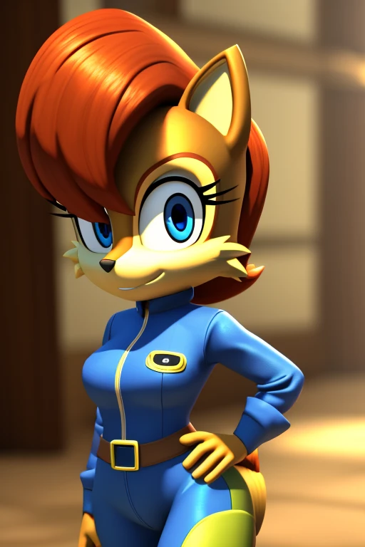 masterpiece, sally acorn, vault suit, pipboy 3000, 4k, looking at viewer, 8k uhd, solo, solo focus, cartoon, 2d