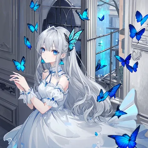 Gray Hair，Long Hair，Blue Eyes，Earrings，Blue Butterfly，dress