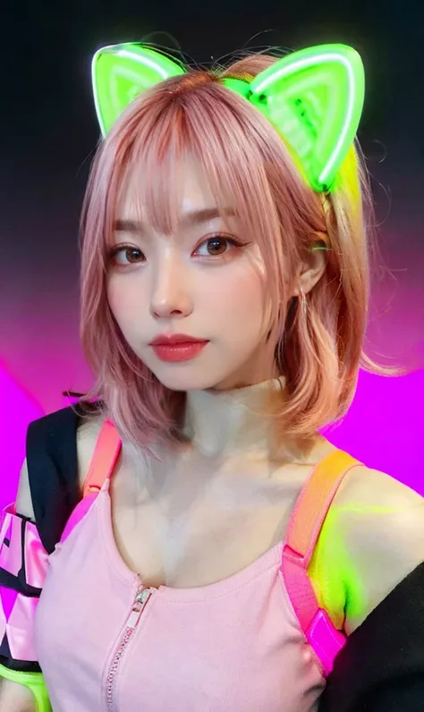 masterpiece, highest quality, 4K, Photorealistic, bokeh, enlightenment,1 perfect portrait of a girl, (A fascinating eye for perfect detail:1.2), colorful hair, (gradient hair), (neon pink hair:1.6), (Cat ear), fantasy background, (exposed bare shoulders), ...