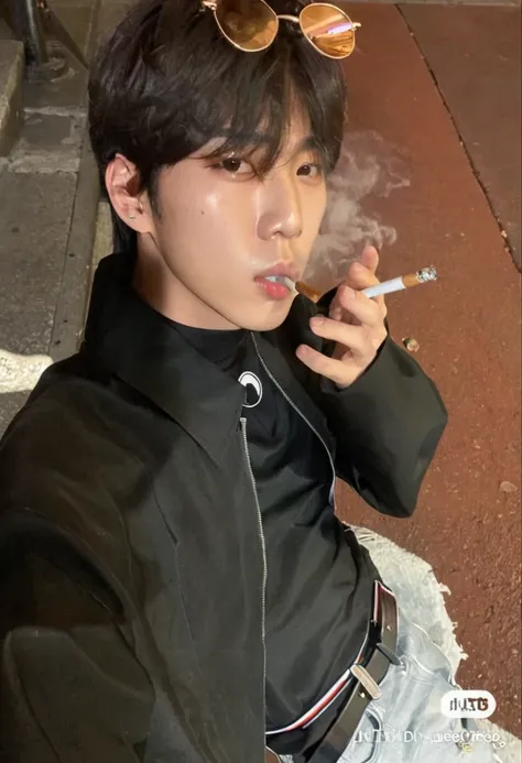 araffed asian man smoking a cigarette while wearing sunglasses, kim doyoung, jung jaehyun, jinyoung shin, male ulzzang, hyung tae, cai xukun, yanjun chengt, jungkook, cigarette, hong june hyung, he is smoking a cigarette, south korean male, bladee from dra...